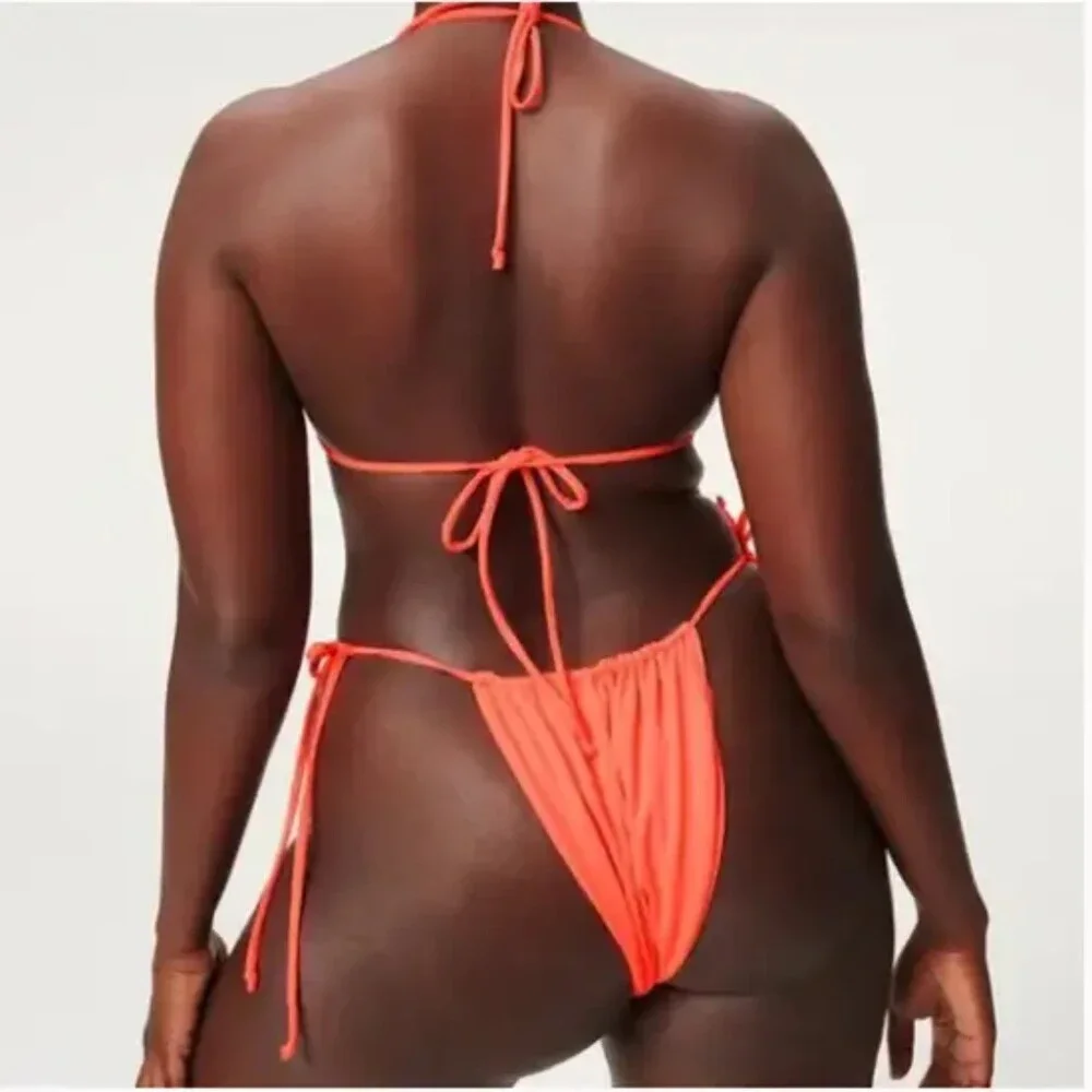 Good American Side Tie Bikini Cheeky Adjustable Bottoms Hot Coral NWT Size 4